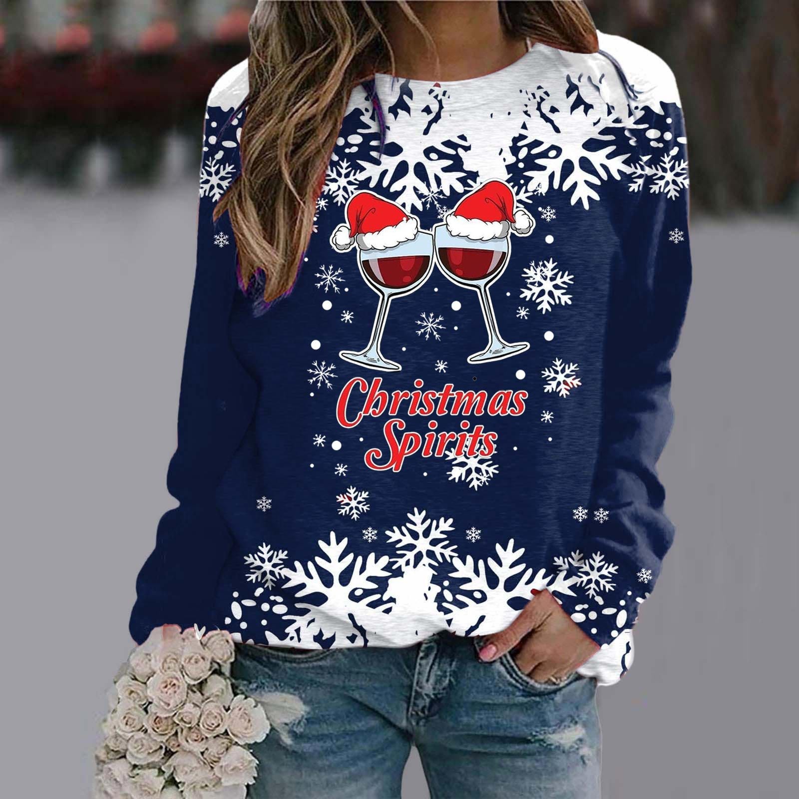 Red Wine Glass Cheers Round Neck Raglan Sleeve Sweater Christmas Print Long Sleeve Top