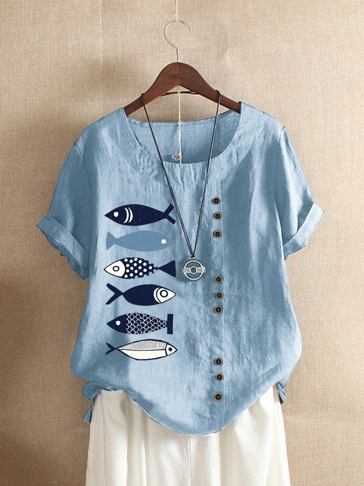 BUTTON CARTOON FISH PRINT SHORT SLEEVE CASUAL TSHIRT