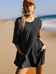 Loose Casual Short-Sleeved V-neck Backless Jumpsuit