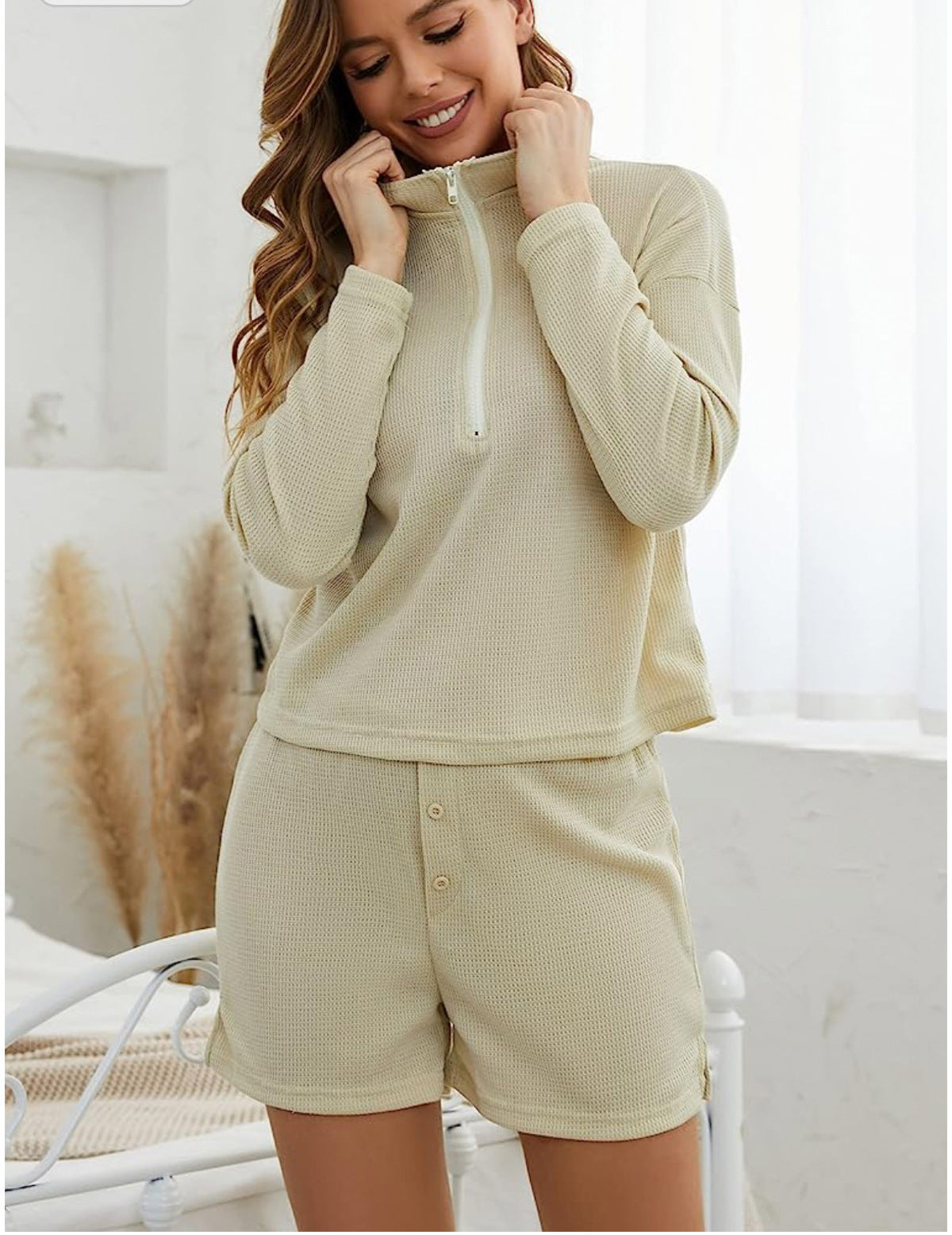 Long Sleeve Shorts Loungewear Waffle Knit Hugh Pajama Set