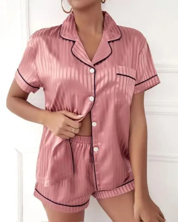 Contrast Binding Buttoned Pajamas Set