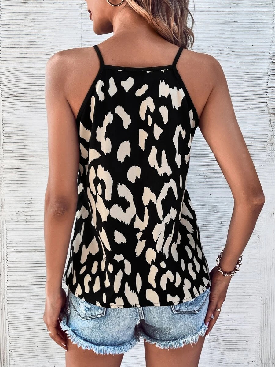 V-Neck Leopard Print Patchwork Solid Color Suspender Loose Top