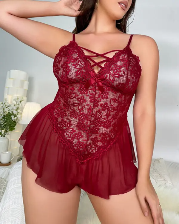 Plus Size Sheer Mesh Crochet Lace Crisscross Teddy