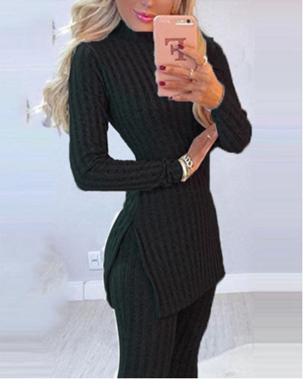 Slit Long Sleeve High Neck Knit Pajamas Set