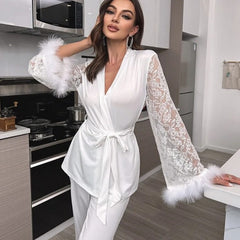 Solid Color Splicing Lace V-Neck Pajamas Robe Set——7 Colors