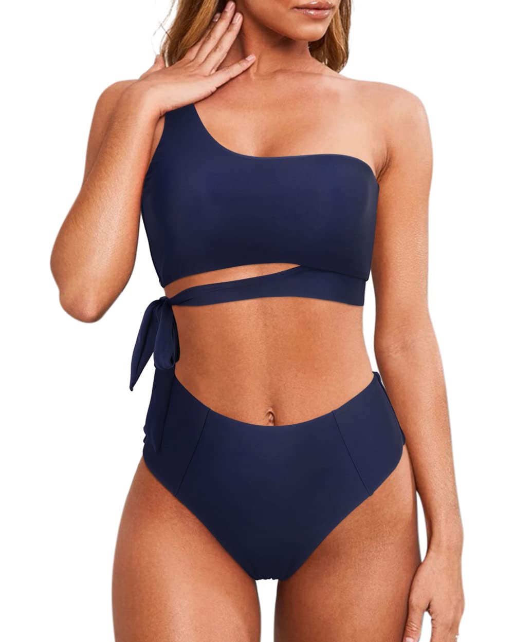 One Shoulder High Waisted Bikini Tie High Cut Two Piece Swimsuits