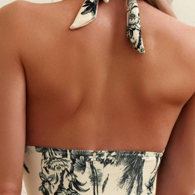 Coconut Tree Print Sexy V-Neck Holiday One-Piece Swimsuit