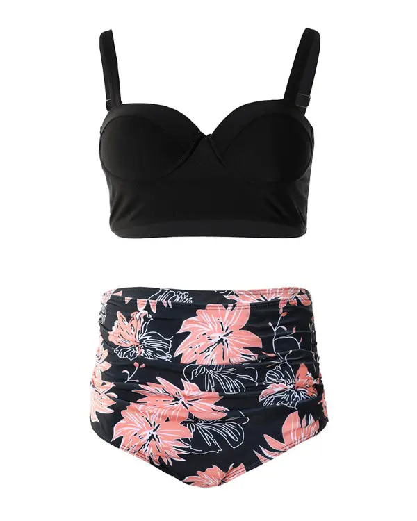 Square NeckSexy Marble Print High Waist Halter Bikini Set