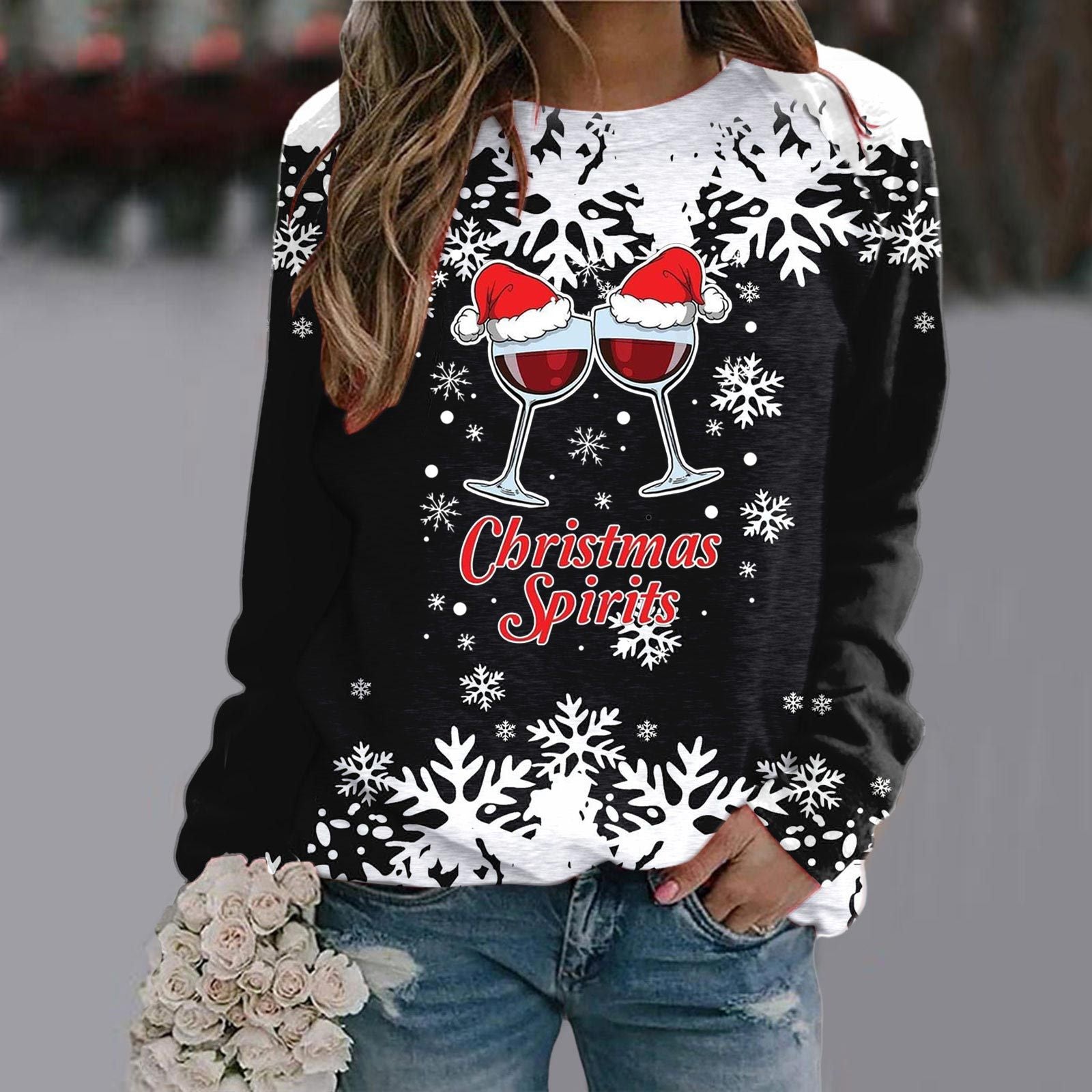 Red Wine Glass Cheers Round Neck Raglan Sleeve Sweater Christmas Print Long Sleeve Top