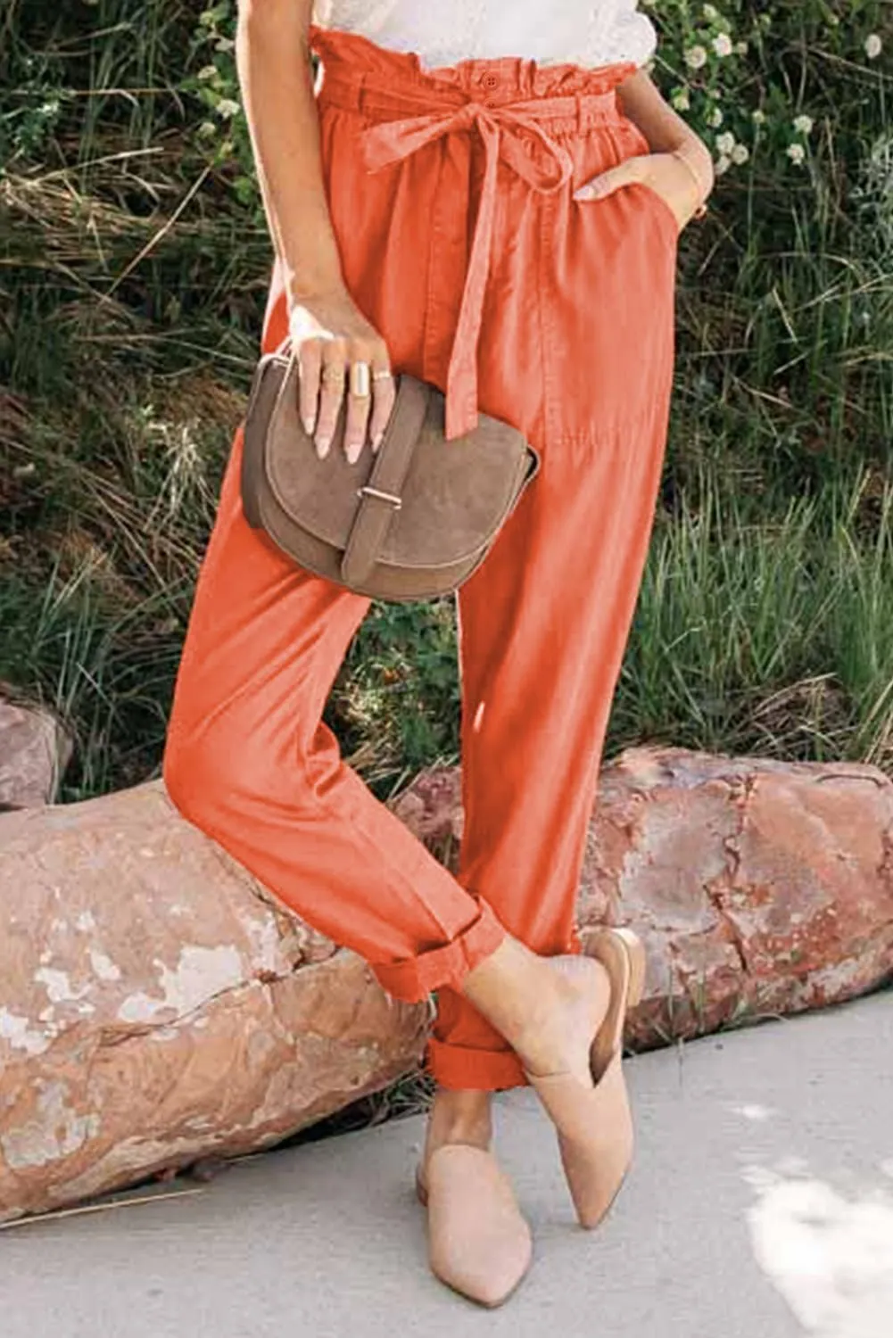 Gray Paper Bag Elastic Waist Casual Pants