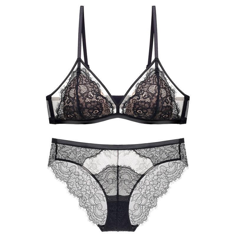 Thin Eyelash Lace Push-Up Bra Triangle Cup Wire-Free Bra Set