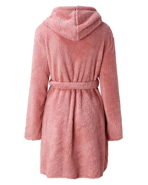 Pocket Design Hooded Belted Fluffy Robe