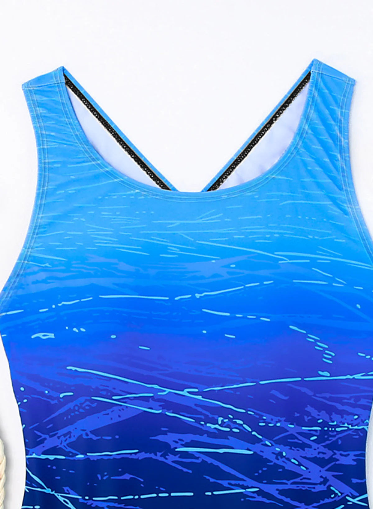Blue Gradient Print Backless Slim Conservative Round Neck One Piece Swimsuit