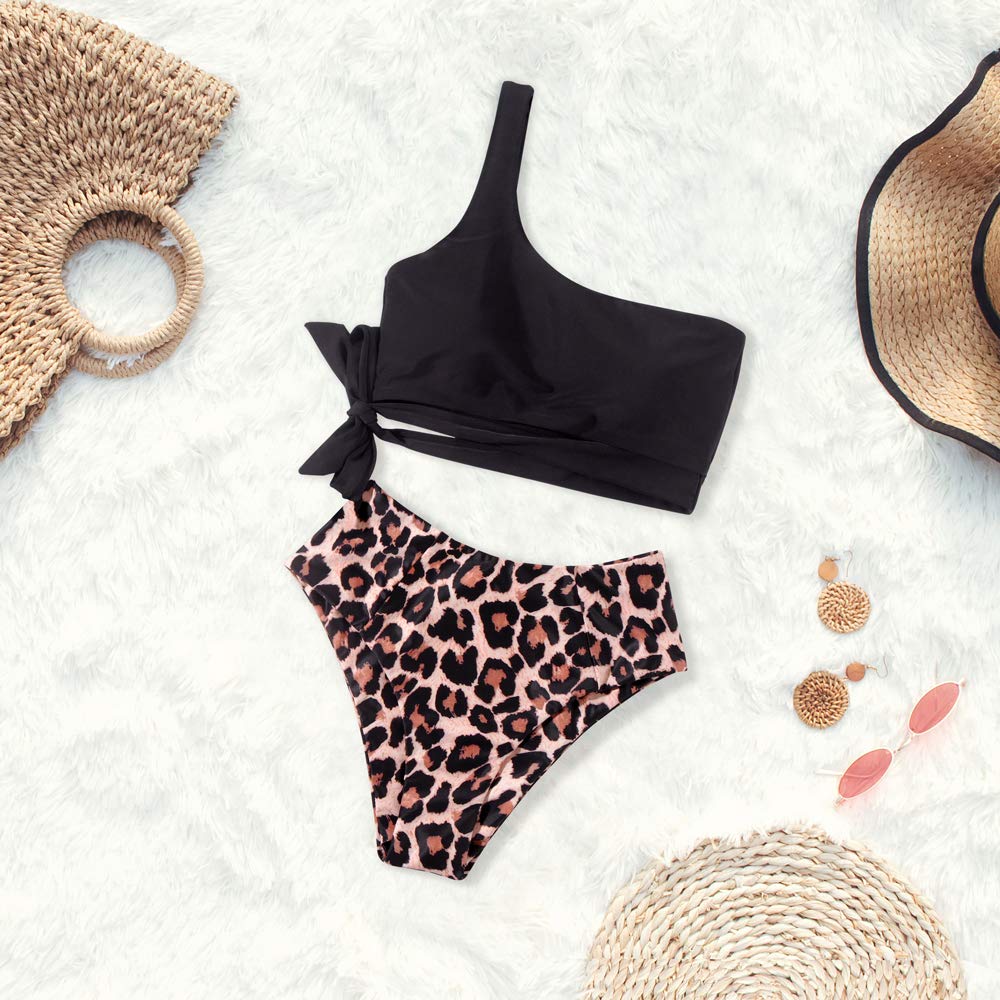 One Shoulder High Waisted Bikini Tie High Cut Two Piece Swimsuits