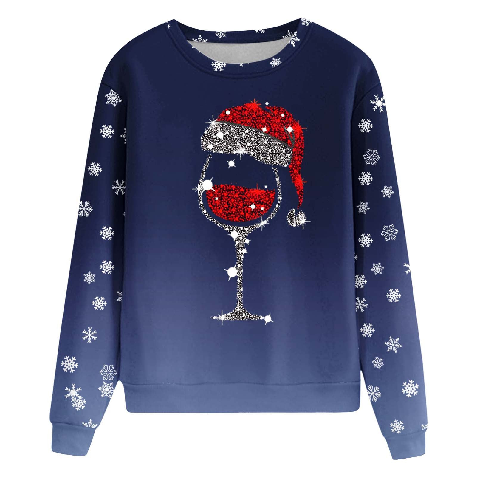 Christmas Red Wine Glass Print Long Sleeve Round Neck Ladies Top