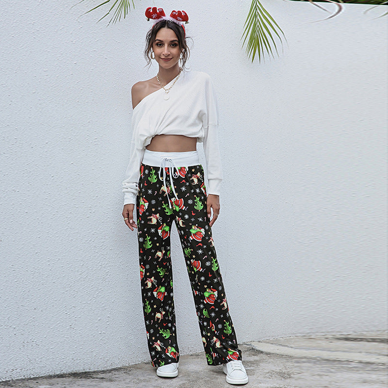 Stylish Loose Lace-Up Christmas Print Pants