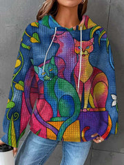 3D Cat Print Long Sleeve Hooded Casual Pullover