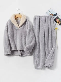 Women Fluffy Plush Thicken Lapel High Low Hem Loungewear Warm Pajamas Set