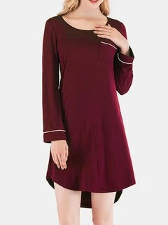 Plus Size Women Cotton Plain Long Sleeve High Low Hem Nightdress Pajamas With Pocket