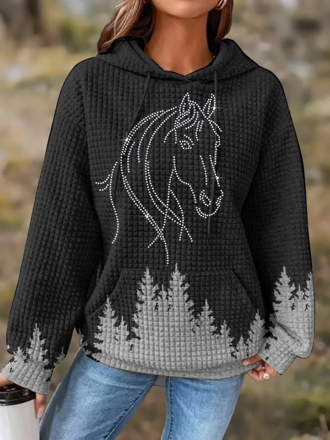 Black Horse Head Print Long Sleeve Hooded Sweatshirt