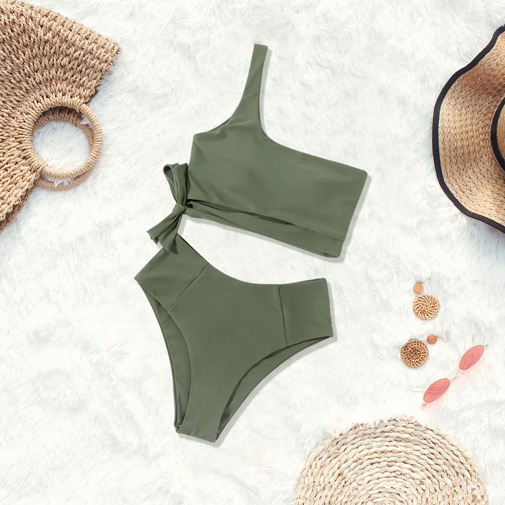 One Shoulder High Waisted Bikini Tie High Cut Two Piece Swimsuits