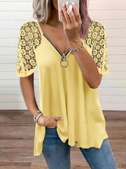 Casual Lace Patchwork V-neck Hollow Out T-Shirts