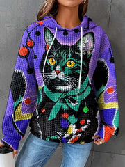 3D Cat Print Long Sleeve Hooded Casual Pullover