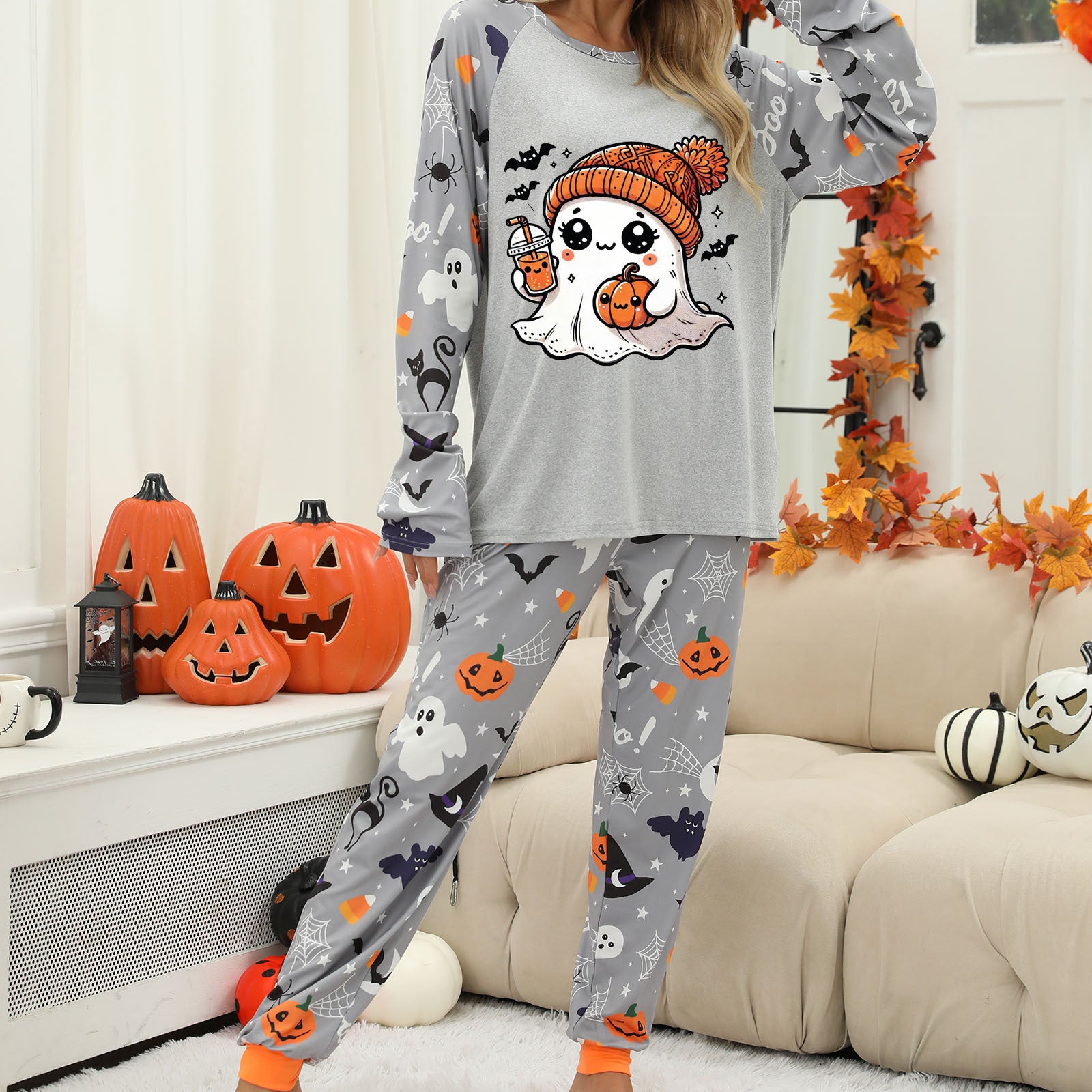 Halloween Women's Printed Autumn And Winter Long-Sleeved Trousers Home Wear Suit