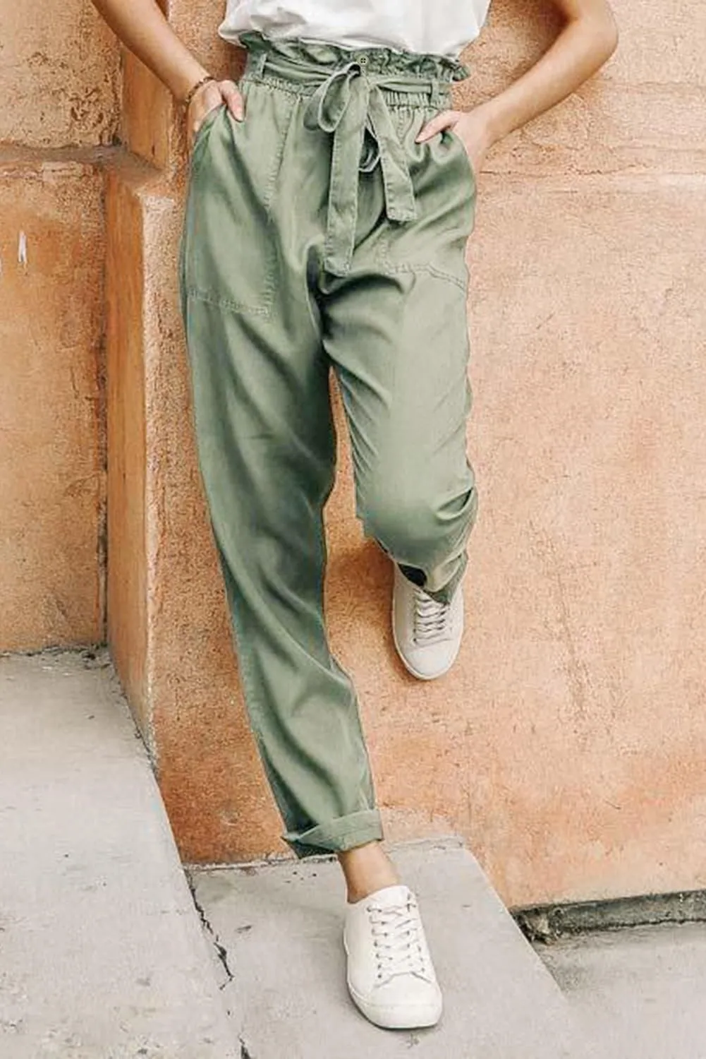 Gray Paper Bag Elastic Waist Casual Pants