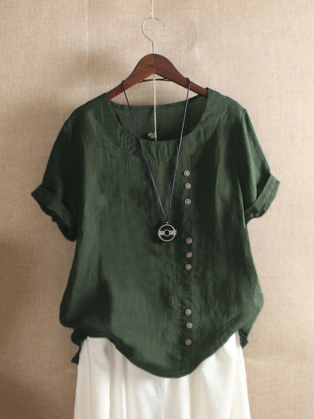 SOLID COLOR SHORT SLEEVE BUTTON SUMMER T-SHIRT