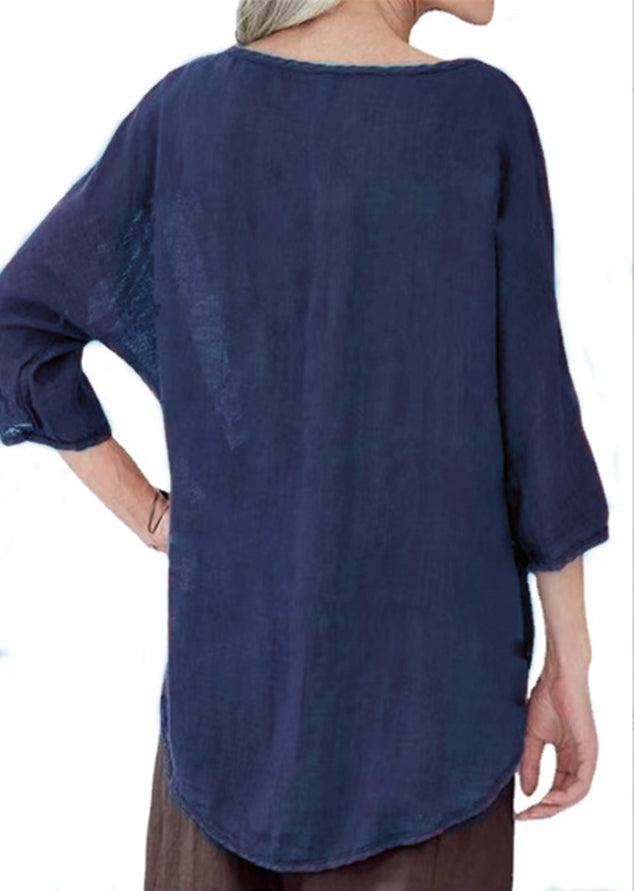 Blue Casual Round Neck Solid Long Sleeve Blouse