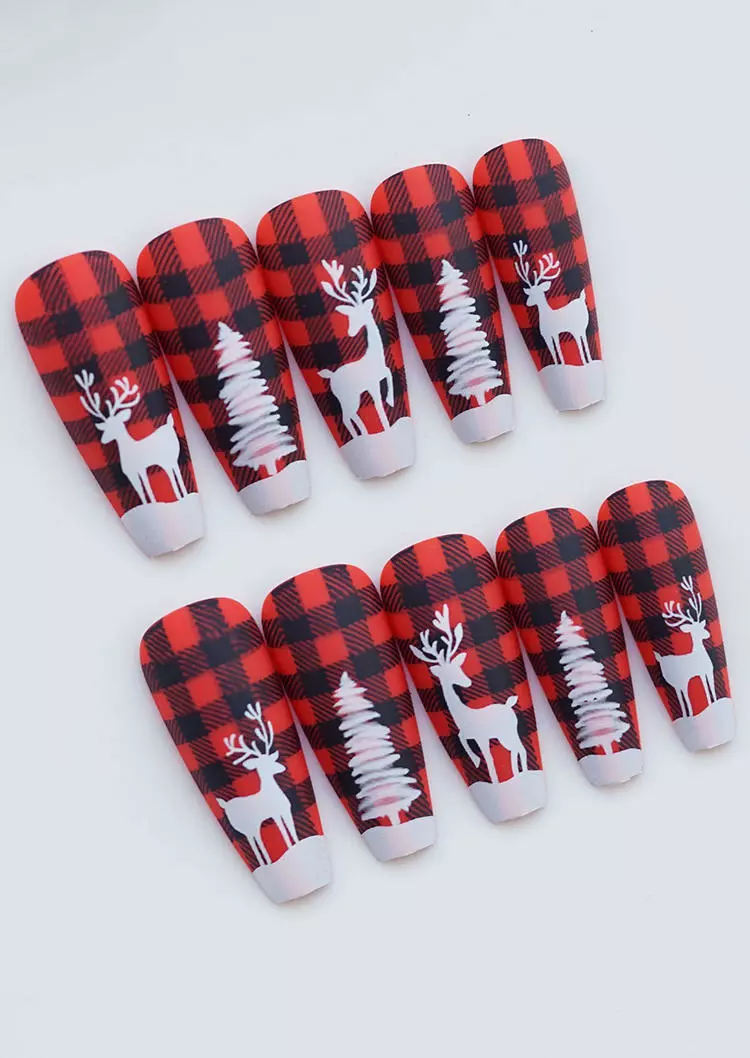 24Pcs Christmas Tree Reindeer Plaid Full Cover Acrylic Nails