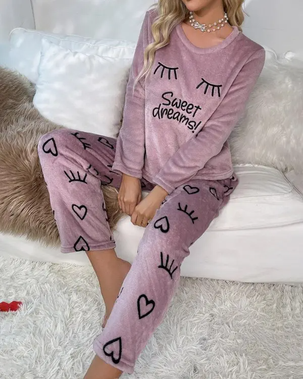 Heart Print Letter Embroidery Fluffy Pajamas Set