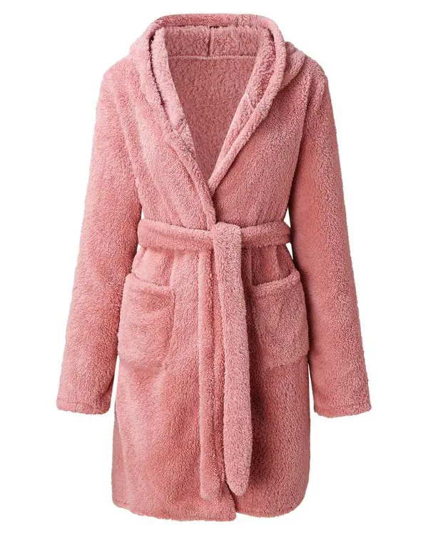 Pocket Design Hooded Belted Fluffy Robe