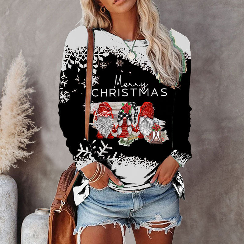 Cute Printed Round Neck Christmas Long Sleeve Top