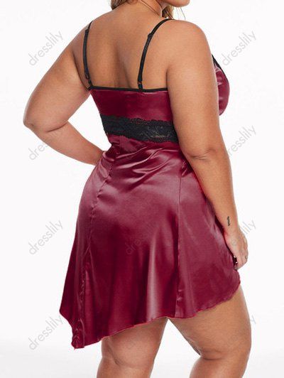 Plus Size Lingerie Dress Lace Panel Plunging Neck Bowknot Colorblock Lingerie