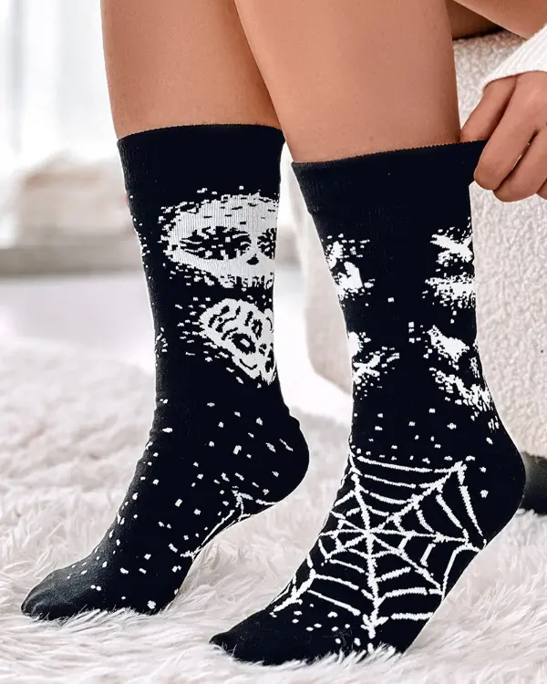 1Pair Halloween Funny Skull Head Spider Web Print Socks