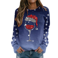 Christmas Red Wine Glass Print Long Sleeve Round Neck Ladies Top