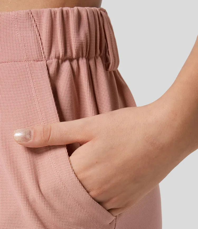 High Waisted Wide Leg Solid Color Waffle Casual Pants