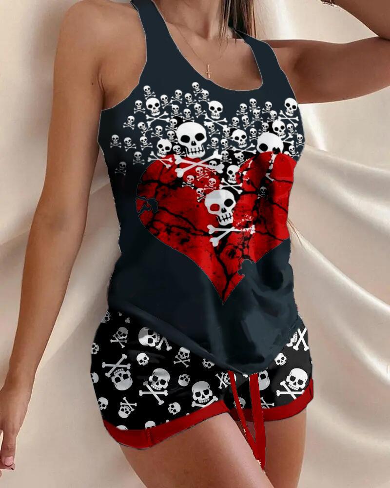 Halloween Skull Print Drawstring Pajamas Set