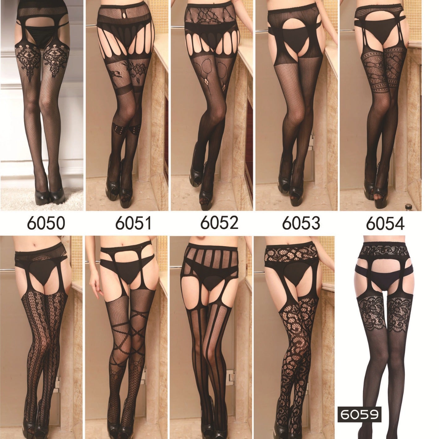 Black Hollow Suspender Jacquard Pants Fishnet Socks-33 Styles