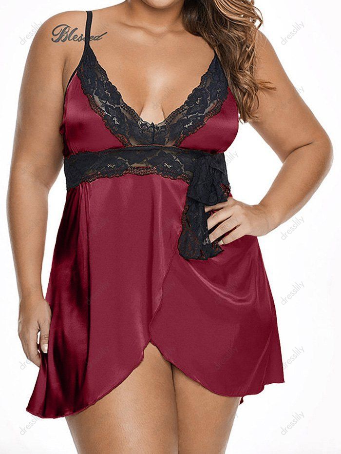 Plus Size Lingerie Dress Lace Panel Plunging Neck Bowknot Colorblock Lingerie