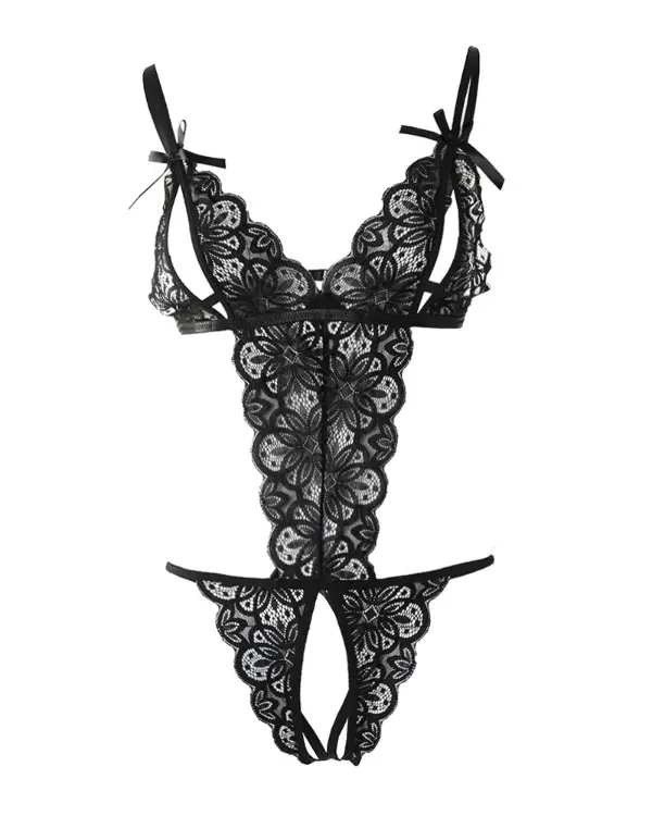 Bowknot Decor Backless Crotchless Lace Teddy