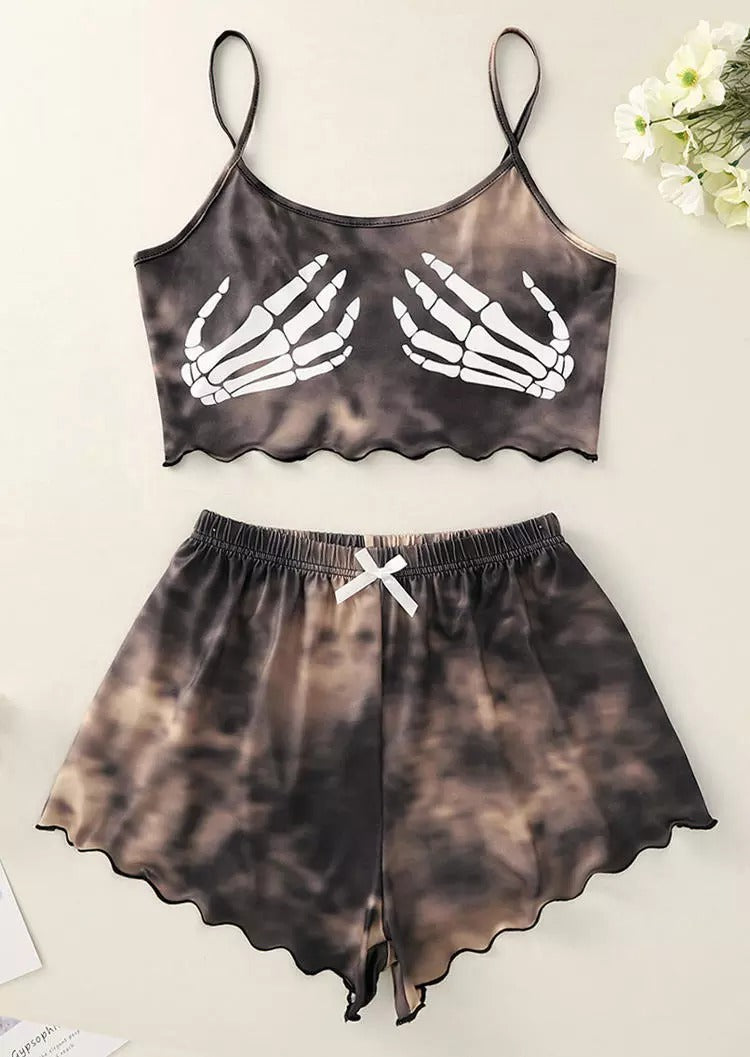 Halloween Skeleton Hand Tie Dye Camisole And Shorts Pajamas Set - Brown