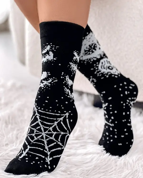 1Pair Halloween Funny Skull Head Spider Web Print Socks