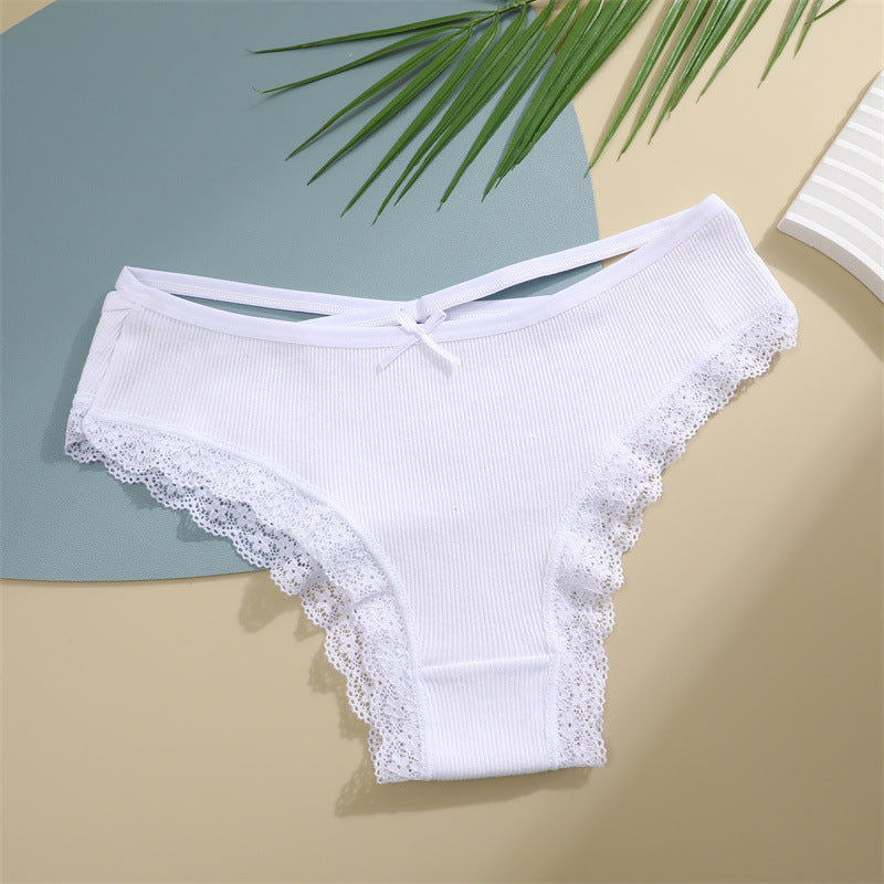 Ribbed Cotton Cute Bow Low-Rise Bikini Lace Panties