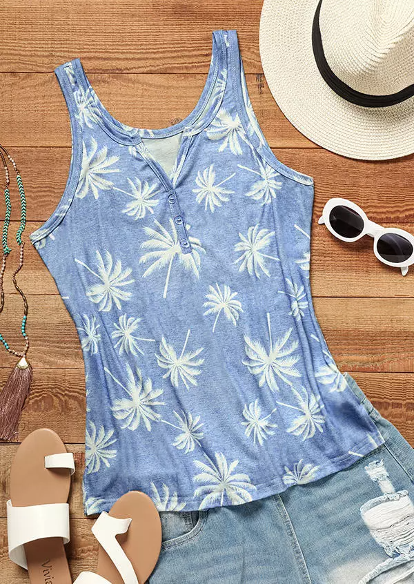 Coconut Tree Button Notched Neck Tank - Light Blue