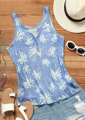 Coconut Tree Button Notched Neck Tank - Light Blue