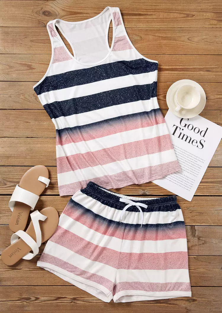 Striped Glitter Tank And Drawstring Shorts Pajamas Set