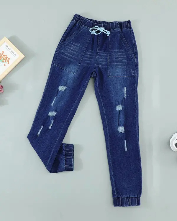 Drawstring Ripped Pocket Design Jeans